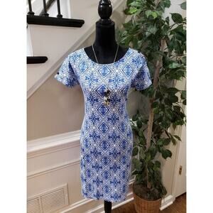 Rafaella Women's Blue & White Cotton Round Neck Short Sleeve Knee Length Dress S